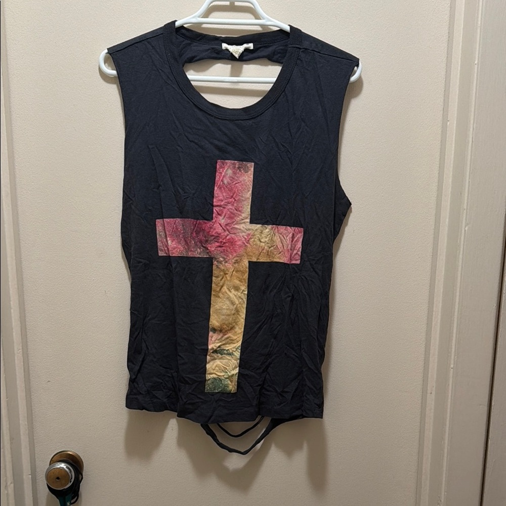 Black Sleeveless Top with Multicolor Cross Design